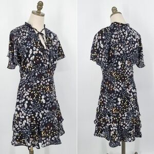 Parker Floral  Mini Dress Ruffle Fit and Flare Black Medium